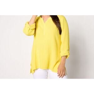 Susan Graver Size Petite Med Yellow Cotton Gauze Split Neck Tunic A647444 NWOT